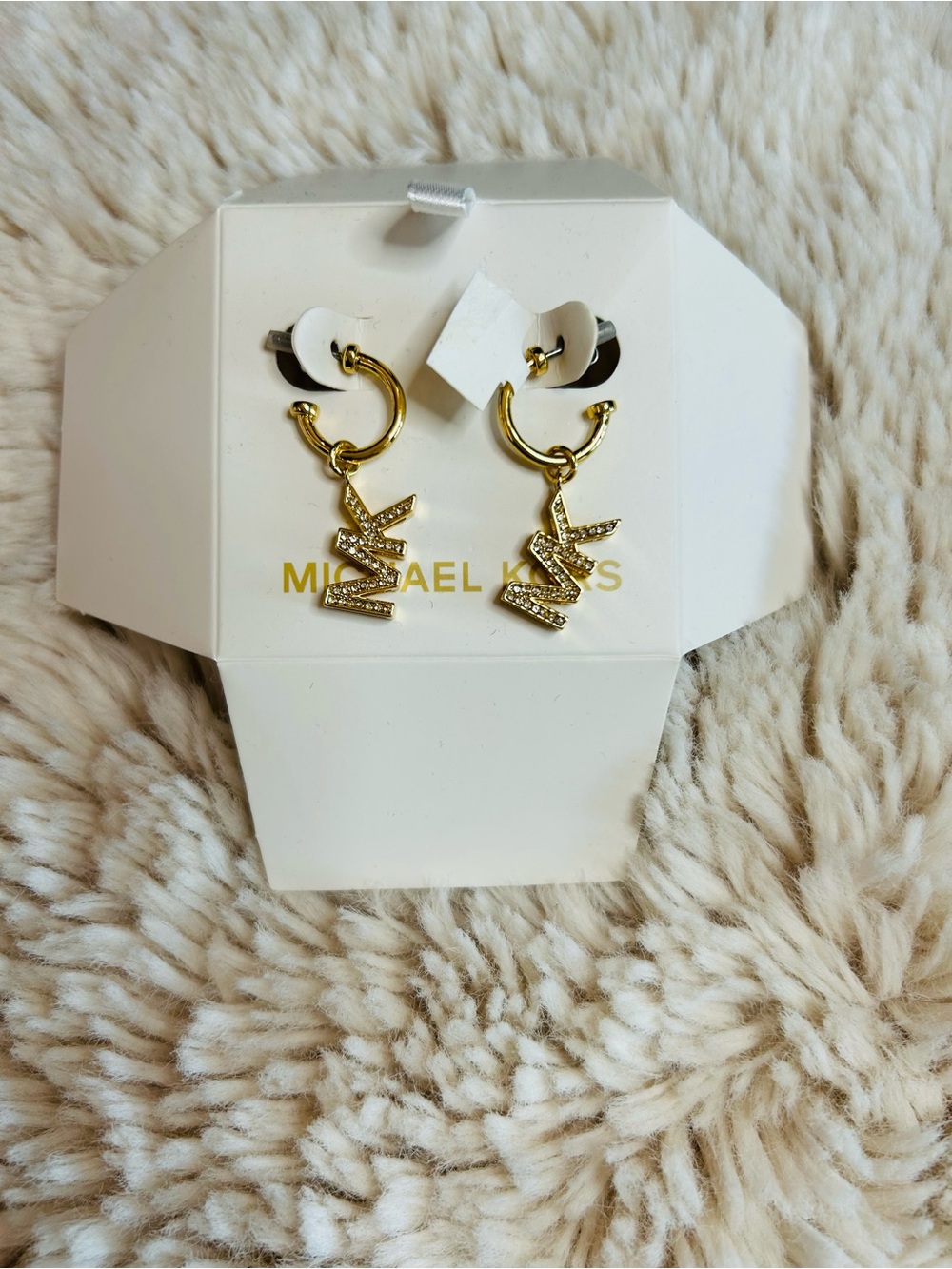 New Michael Kors Gold-Tone Pave Crystal MK Logo Dangle Earrings (No Box)